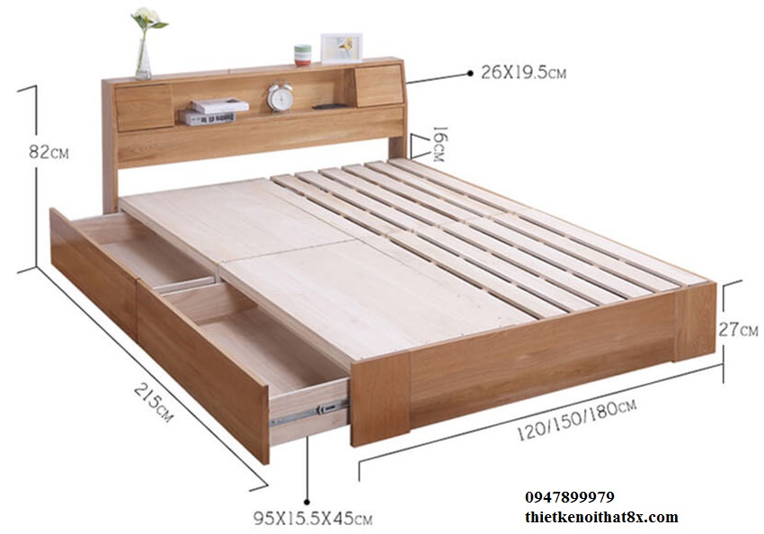  Giường ngủ gỗ sồi thiết kế có ngăn kéo tiện dụng GN-MHG070 