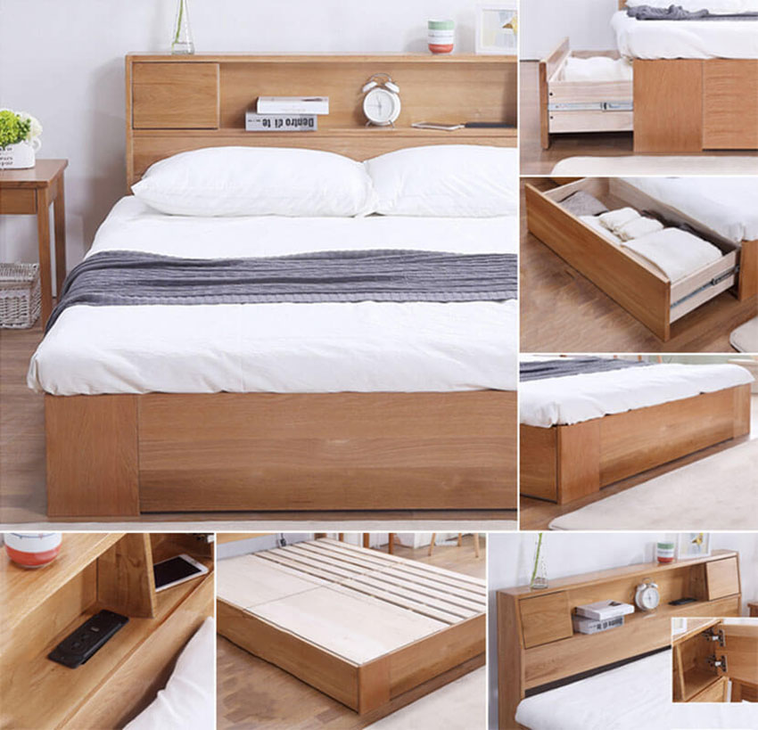  Giường ngủ gỗ sồi thiết kế có ngăn kéo tiện dụng GN-MHG070 