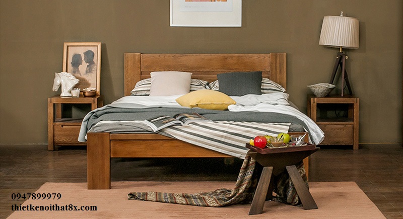  Giường gỗ sồi phun màu hạt dẻ thiết kế hiện đại, đơn giản GN-MHG082 