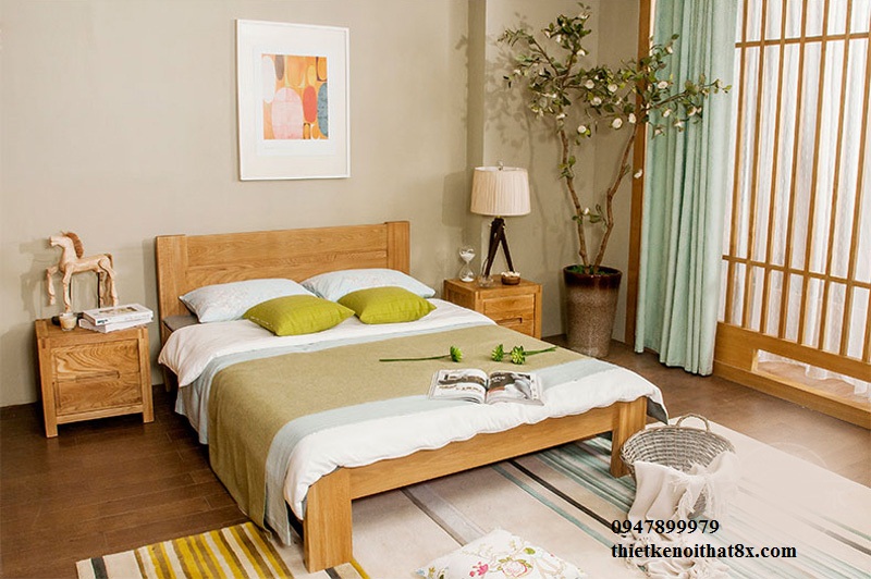  Giường gỗ sồi phun màu hạt dẻ thiết kế hiện đại, đơn giản GN-MHG082 