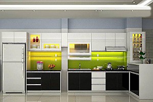 Tủ bếp gỗ Acrylic thiết kế hiện đại hình chữ L có khoang tủ lạnh mã BT12