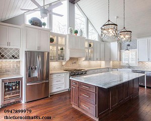 Tủ bếp gỗ xoan đào thiết kế bán cổ điển TB-MHG061